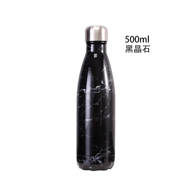 500ml Cola Shape Insulated Bottle, 304 Stainless Steel Vacuum Flask, Marble/Print Portable Water Bottle