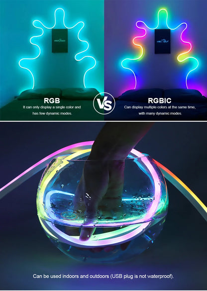 WS2812 RGBIC RGB LED Neon Light Strip,5V USB Waterproof Bluetooth Diode Neon Tape Ribbon with Remote for Room Ceiling Decoration