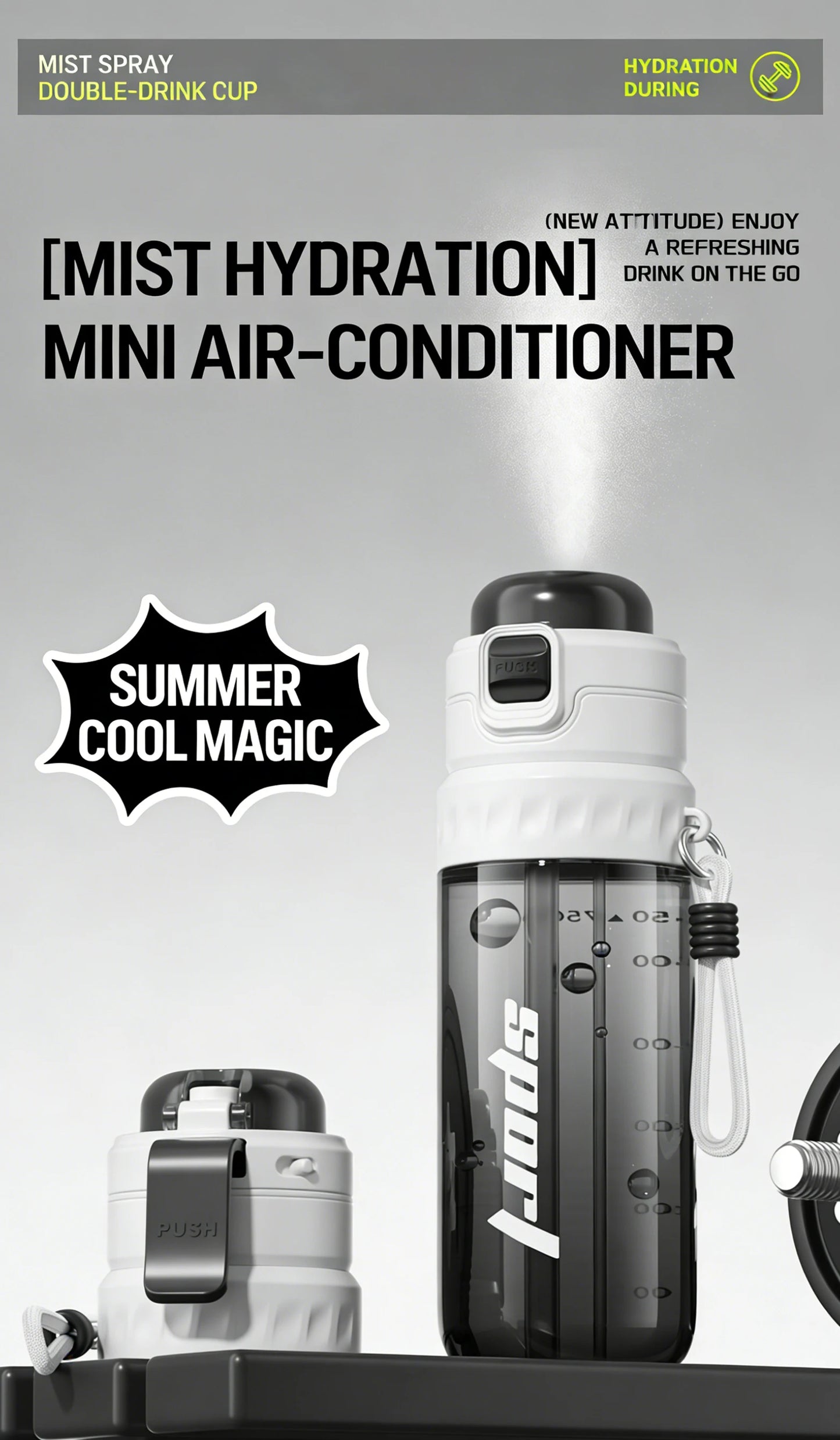750ML Portable Mist Spray Water Bottle Double Drinking Sports Bottle Leakproof Gym Running Hiking Camping Outdoor Activity Gift