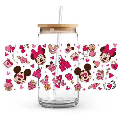 Valentine's Day cartoon Mickey Minnie Stitch Love 16oz Glass Cup UV DTF Transfer Film High-Quality Wraps Transfer Decals