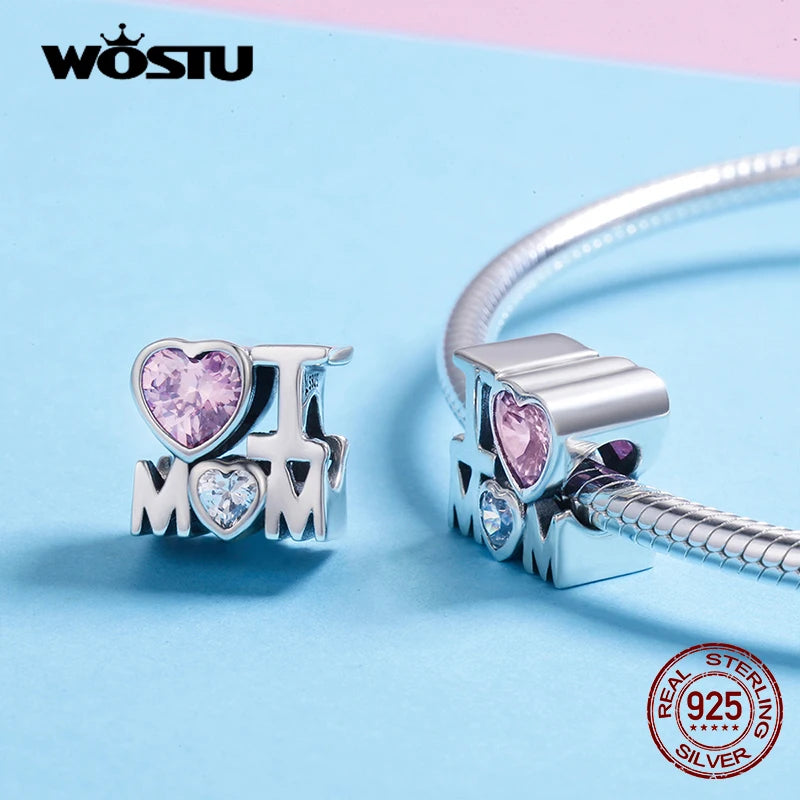 WOSTU Real 925 Sterling Silver Heart Pendents Gifts Charms Beads Fit Original DIY Bracelet Necklace Mother's Day Jewelry for Mom