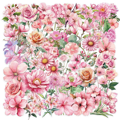 50pcs Pink Floral Stickers Flower Natural Journaling Notebook Water Bottle Decorative Decals Aesthetic Waterproof PET Sticker