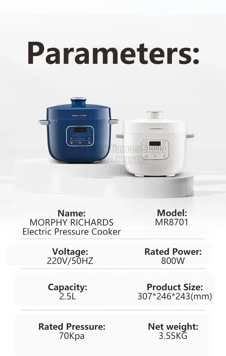 MOPRHY RICHARDS 2.5L Electric Rice Cooker 70Kpa Pressure 220V Multi Cooking Pot Home Appliances 800W Heating Stew Soup Beef