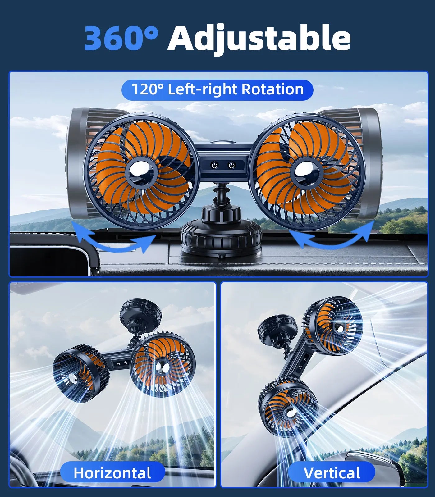 Eary Car Suction Cup Dual-Head Fan 12V/24V 360°Rotatable with 4000mAh Battery 3 Speed Wind Universal Electric for Truck Van Suv