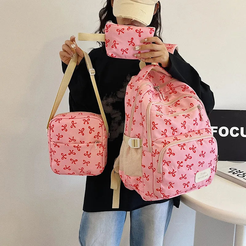 3 Pcs/Set Cute girl Large Capacity Backpack Bow Print Nylon Schoolbag Adjustable Strap Women daily Campus Backpack