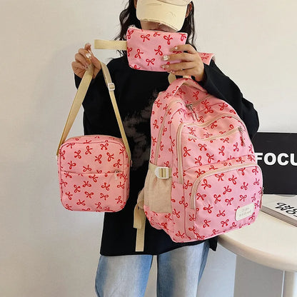 3 Pcs/Set Cute girl Large Capacity Backpack Bow Print Nylon Schoolbag Adjustable Strap Women daily Campus Backpack