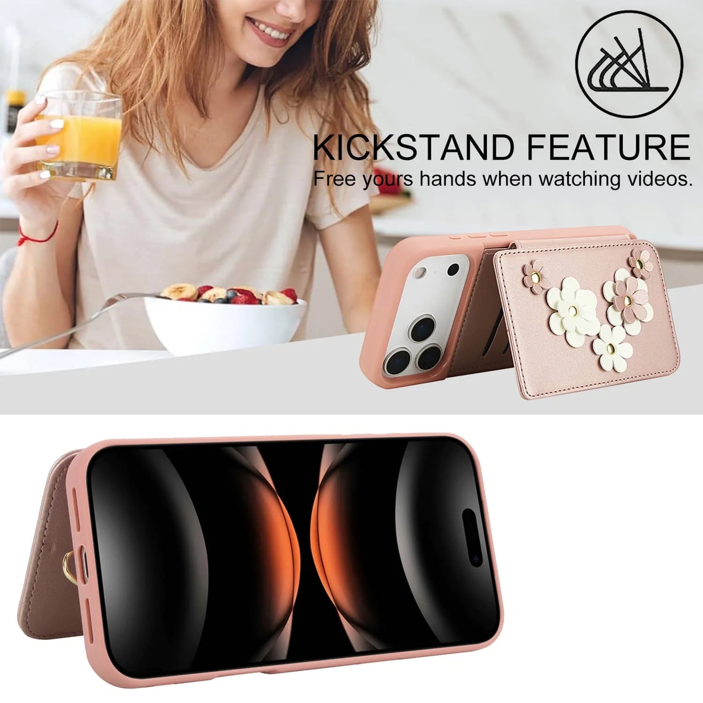 For iPhone 17 Pro Max iPhone Air Case, Wallet with Card Holder, Cute Flower Design Crossbody Purse,Magnetic Kickstand Shockproof