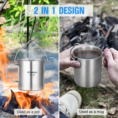 TOMSHOO 1.05L Stainless Steel Water Bottle Leak Proof Sports Bottle W 750ml Water Cup Coffee Mug Hanging Pot for Outdoor Camping
