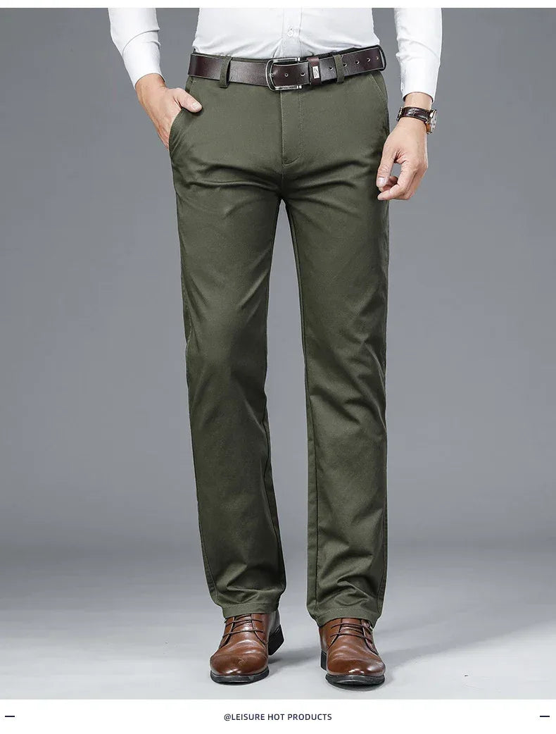 Autumn Classic Style Men's Beige Business Straight Casual Pants Stretch Cotton High Waist Solid Brand Trousers Khaki Green Black