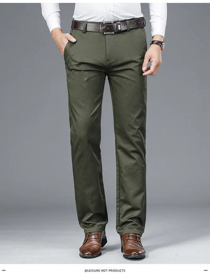 Autumn Classic Style Men's Beige Business Straight Casual Pants Stretch Cotton High Waist Solid Brand Trousers Khaki Green Black