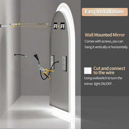 60x90CM Arched LED Mirror for Bathroom Backlight Wall Vanity Mirror w/ Bluetooth, Date and Time, Touch Antifog, Digital Display
