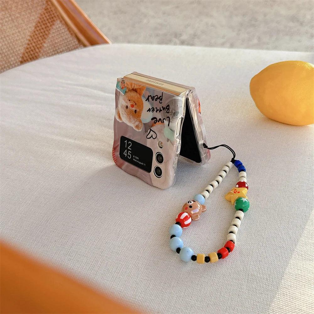 Cartoon Cute Bear Wave Border Phone Case for Samsung Galaxy Z Flip 5 4 3 Zflip5 Flip3 ZFlip4 Star Bracelet Shockproof Lens Cover