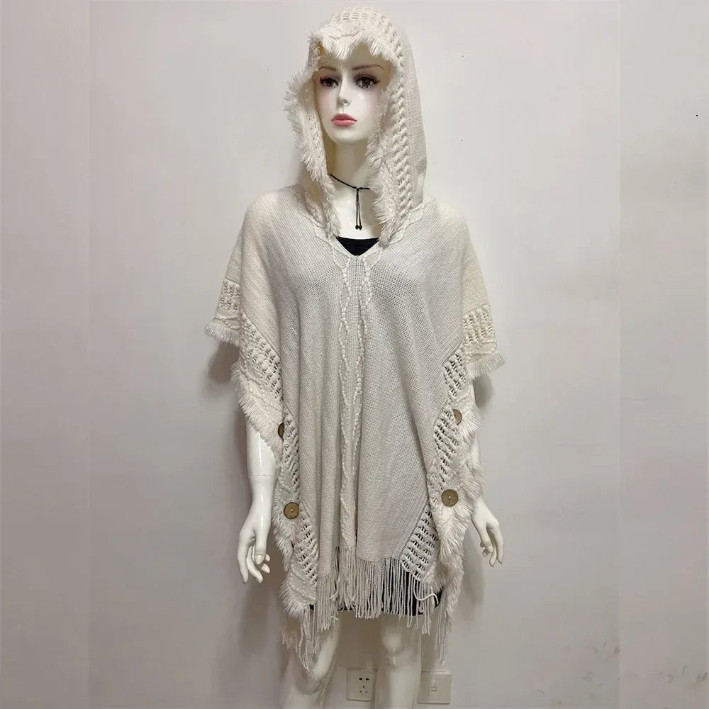 Women Knitted Cape Shawl Wrap Cloak Ethnic Hooded Poncho Hoody Jumper Sweater Tassels Dropshipping