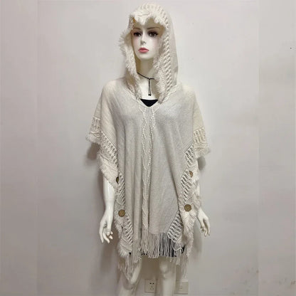 Women Knitted Cape Shawl Wrap Cloak Ethnic Hooded Poncho Hoody Jumper Sweater Tassels Dropshipping