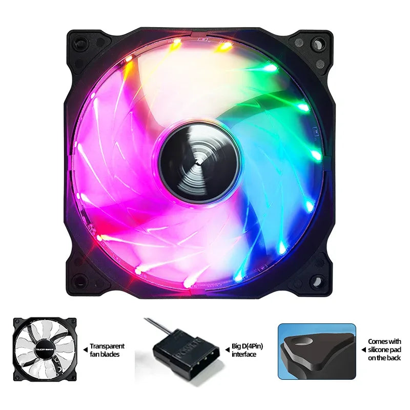 Teucer 120mm PC Case Fan 12V Big 4Pin Chassis Power Supply Low Noise Quiet Transparent Fan Blade Led Colorful Cooling Ventilator