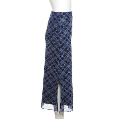 Women Spring Autumn Plaid Print Wrap Hips Skirts Fashion Ankle-Length Sexy Slim Pencil Skirts Preppy Style Girls Slit Midiskirt