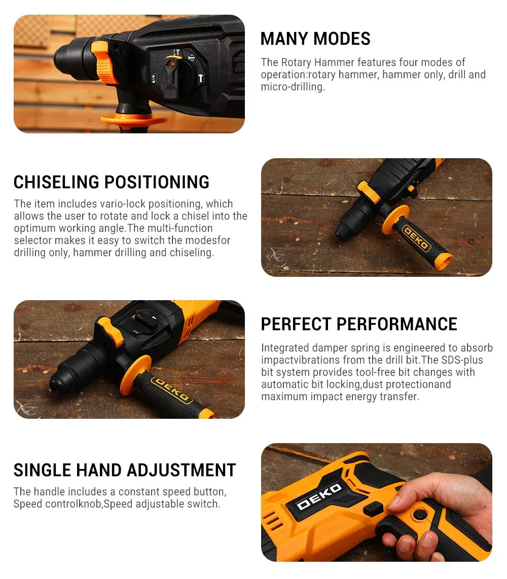 DEKO DKRH26XL80-ST 4 Functions Electric Rotary Hammer Multifunctional Rotary Accessories Electric Demolition Hammer Impact Drill