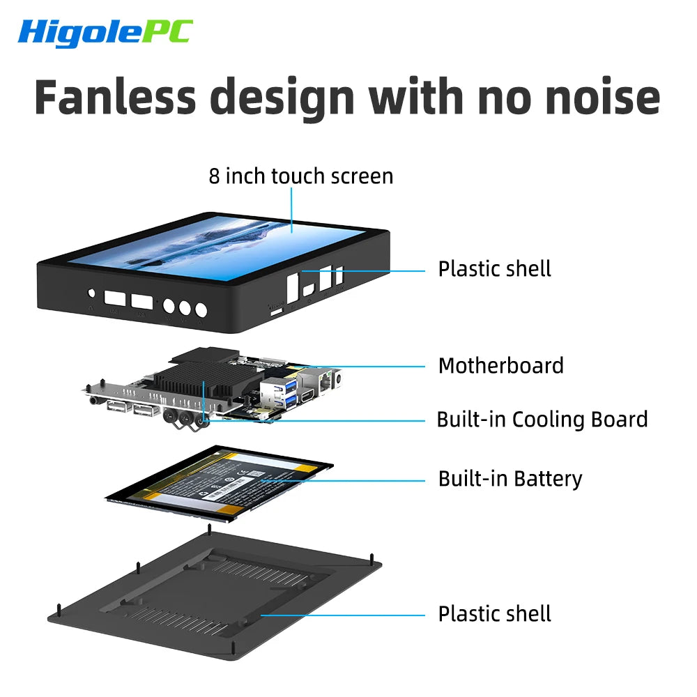 Higole F3APL 8'' Fanless Mini PC with Screen Intel J3455 Windows 10 WiFi5 4GB 64GB 2340mAh 4K Laptop Desktop PC Mini Computers