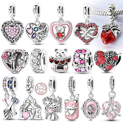 925 Silver Valentine's Day Charms Bead Sparkling Sweet Heart Rose Bear Charm Fit Original Bracelet Bangle Woman DIY Jewelry Gift