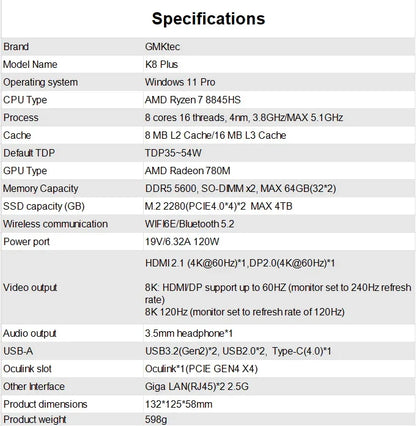 GMKtec K8 Plus Mini PC AMD R7 8845HS 8-core 16-thread DDR5 5600Mhz Pcie 4.0 SSD WIFI6 BT5.2 Win11 Pro Desktop Gaming PC