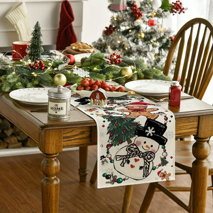 Christmas Snowman Table Runner Polyester With Festive Snowman Gingerbread Man Christmas Tree And Ornament Patterns Table Decor