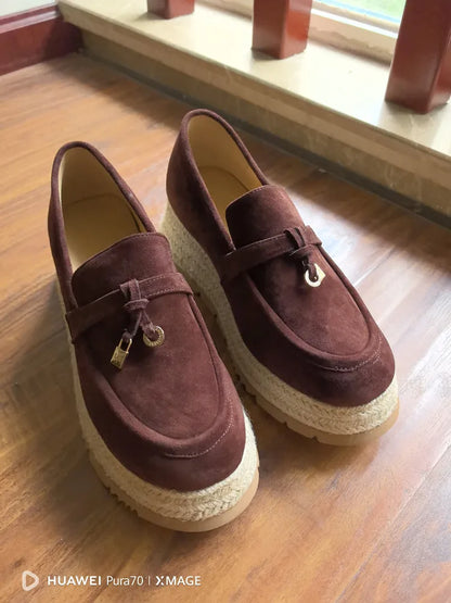 MKKHOU Fashion Loafers New High Quality Real Leather Suede Vintage Straw Braid Platform Shoes Daily Casual Light Shoes Neutral