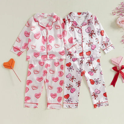 Kids Girls Valentine's Day Printed Pajamas Set Sweet Heart Print Long Sleeve Tops and Elastic Band Pants 2Piece Child Loungewear