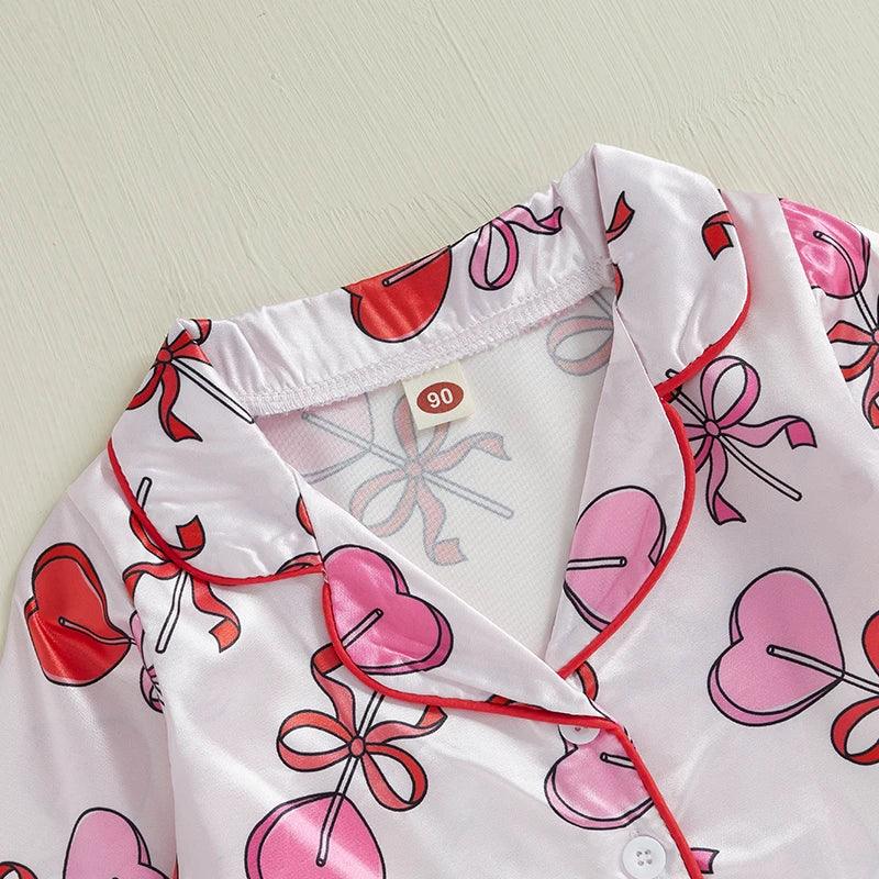 Kids Girls Valentine's Day Printed Pajamas Set Sweet Heart Print Long Sleeve Tops and Elastic Band Pants 2Piece Child Loungewear