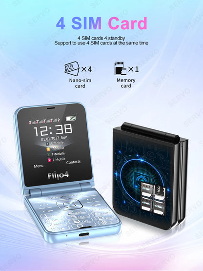 SERVO 4 SIM Fashionable Flip Cellular Phone Speed Dial Flashlight Magic Voice FM Radio 2G GSM Foldable Mobile Phone Type-C 2.6"