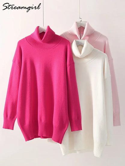 Winter Pink Turtleneck Sweaters Women Oversized Autumn Warm Women's Jumper Loose Basic White Turtleneck For Women Pullovers