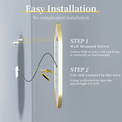 LED Bathroom Mirror Oval Illuminated Wall Mirror Aluminum Gold Frame Memory Anti-fog 3 Changeable Color, IP56 800/1000/1200MM