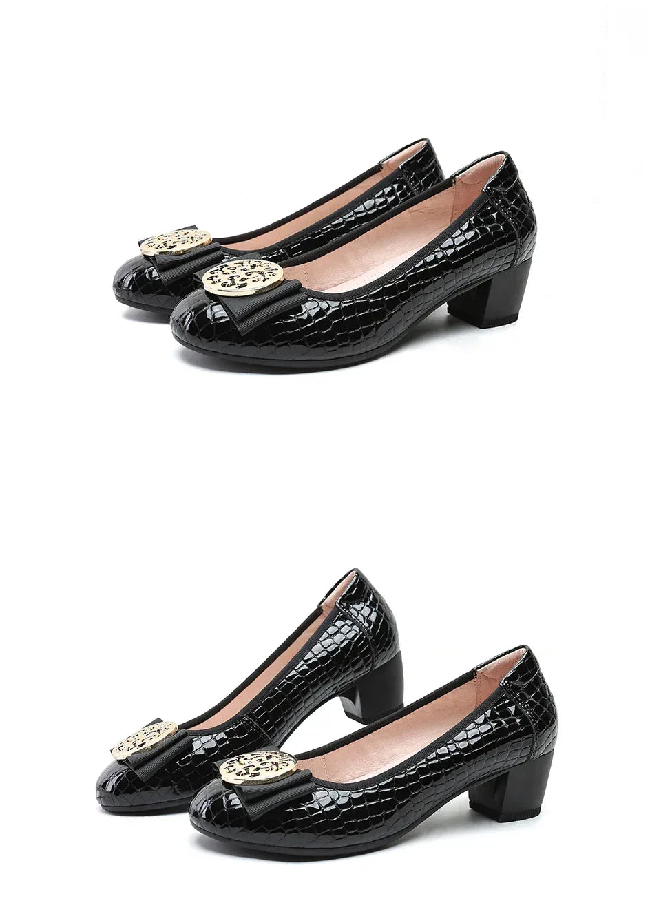 Spring and Autumn Boat Shoes Genuine Leather Soft Sole Mid-Heel Shoes Bow Heels Ladies Women Womens Round Toe Slip-on Women's 42