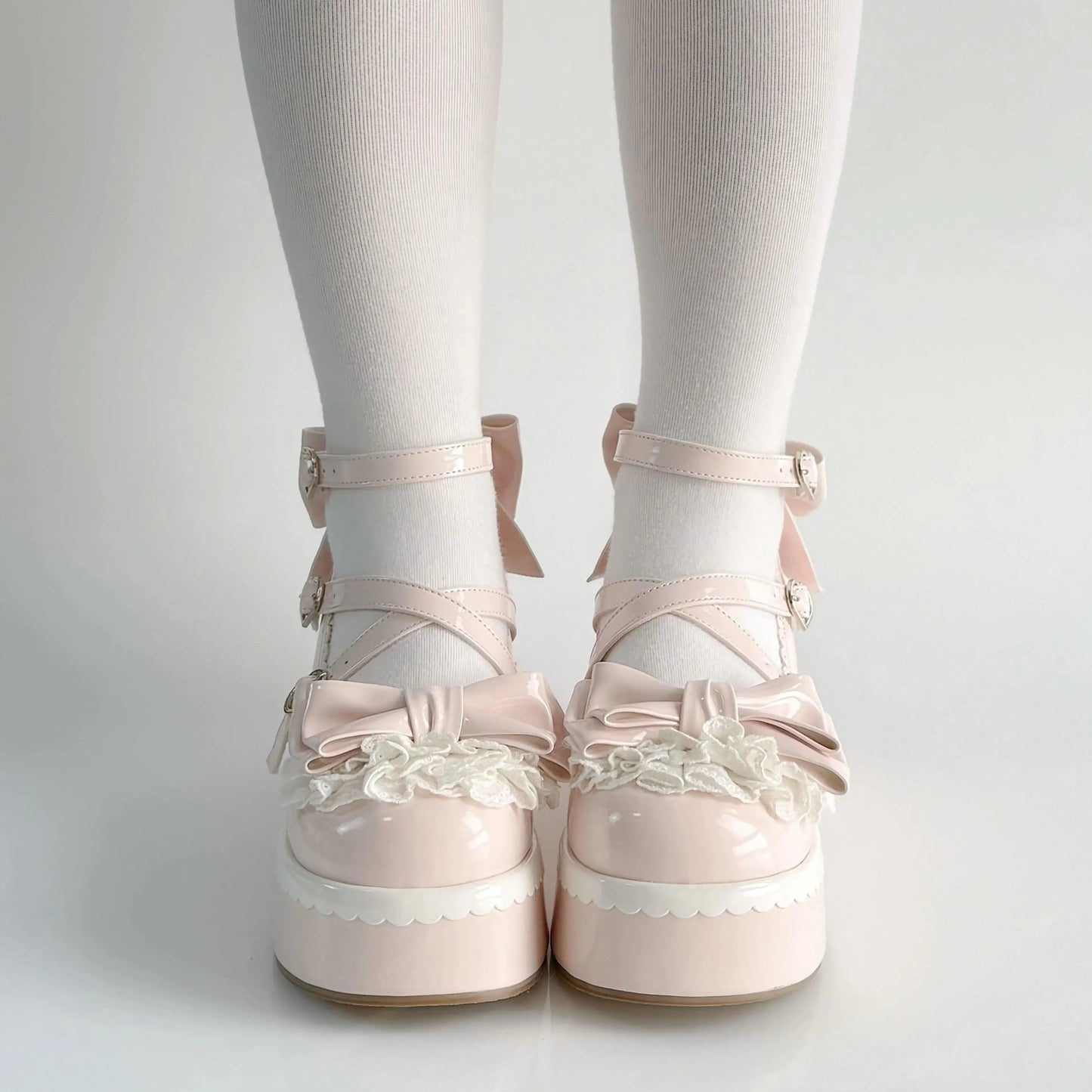 Sweet Lolita Style Girls Flat Platform ,Female Students Cute Bowknots Mary Jane Ankle Strap Elevator Shoes