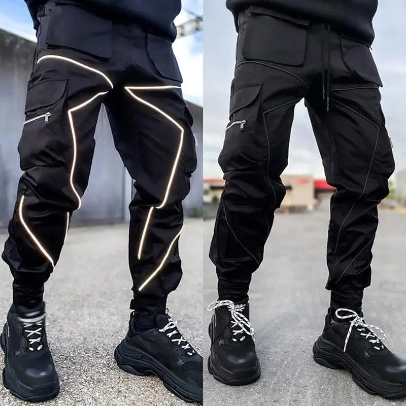 Men Casual Black Cargo Pants Oversize Striped Pocket Sweatpants Gym Sports Fitness Hip Hop Jogger Baggy Trousers Pantalon Hommes