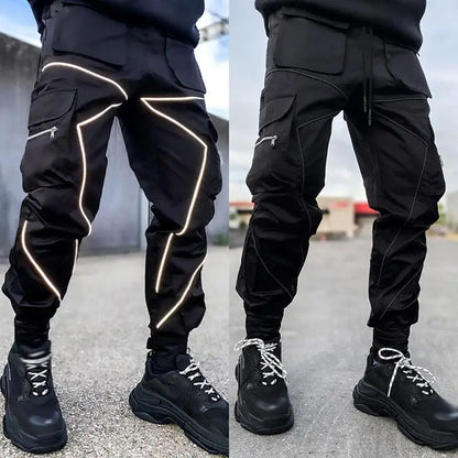 Men Casual Black Cargo Pants Oversize Striped Pocket Sweatpants Gym Sports Fitness Hip Hop Jogger Baggy Trousers Pantalon Hommes
