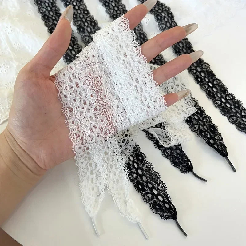120cm Lace Shoelaces for Women Casual Shoes 3CM Width Flat Shoelace for Sneakers Black White Hollow Out Shoe Laces Accessorices