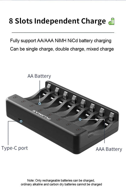 PUJIMAX 8-Slots 1.2V LCD Display Smart Battery Charger For AA/AAA NiMh NiCd  Rechargeable Batteries aa aaa Batteries Charger