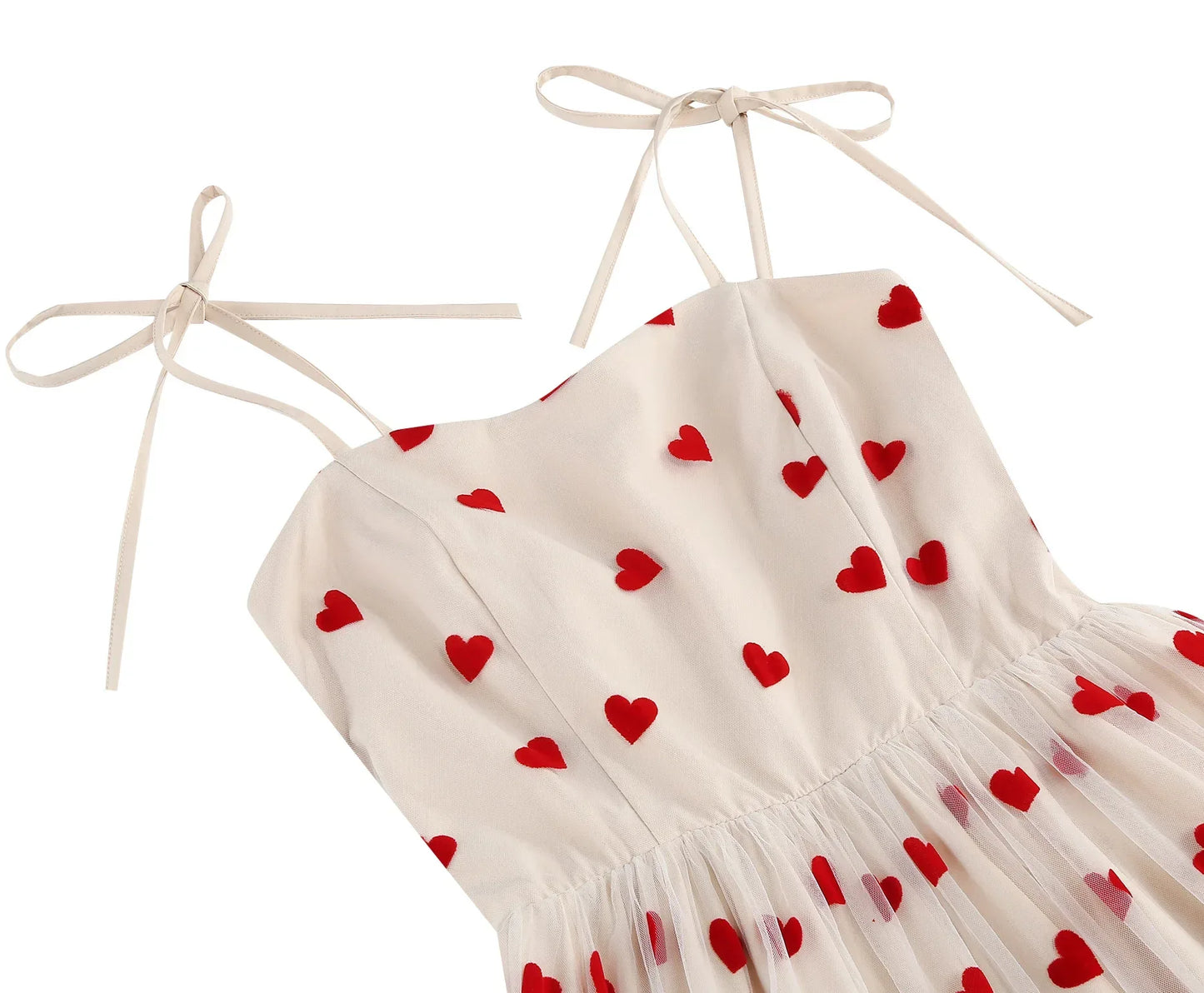 Knot Strap Strawberry Patchwork Vintage Dress 2025 Heart Flocking Valentine's Day Dress Women Birthday Party Pleated Mesh Dress