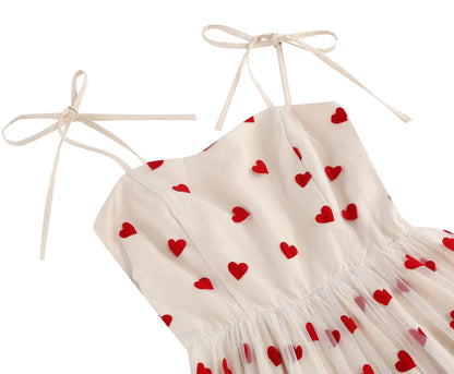 Knot Strap Strawberry Patchwork Vintage Dress 2025 Heart Flocking Valentine's Day Dress Women Birthday Party Pleated Mesh Dress
