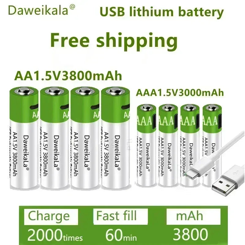 Daweikala rechargeable lithium battery, toy flashlight, MP3 player, 1.5V, AA, 3800mAh/AAA, 3000mAh