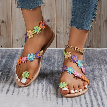 Summer New Women Sandals Flower Flat Sandals Bohemian Lightweight Sandals Outdoor Open Toe Sandal Plus Size Holiday Beach Shoes