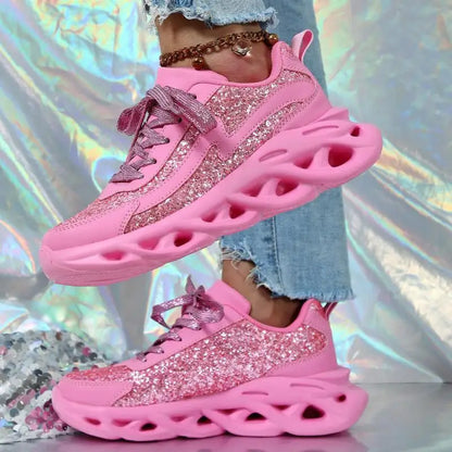 Bling Sports Shoes Women Platform Thick Sole Running Shoes Woman Sneakers Glitter Lightweight Casual Sparkling Women Shoes Pink