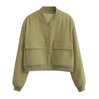 EDSA Woman Bomber Jacket White Autumn Winter Button Cropped Jackets for Women Fashion Long Sleeve Crop Outerwear
