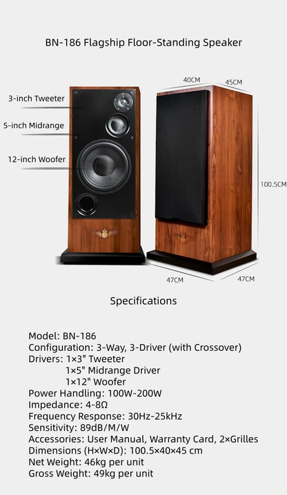 BN-186 3-Way Hi-Fi Floor Standing Speakers, 12-Inch Passive Tower Audiophile System for Home Audio