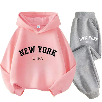 Autumn Warm New York Letter Cool Graphic Print Children Long Sleeve Hoodie +pant Suit 2pcs Set Sweatshirt Boy Girl Kid Sportwear