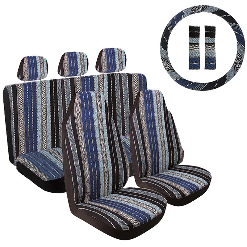 AUTO PLUS Striped Car Seat Covers Full Set with Seat Belt Pads Steering Wheel Cover Universal Washable Seat Covers for Cars by PDG ibma