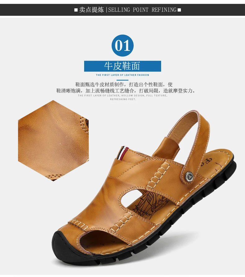 Men Sandals Summer Leather Men Shoes Breathable Walking Beach Slippers Outdoor Sandals Flat Casual  High Quality Fashion Sandals