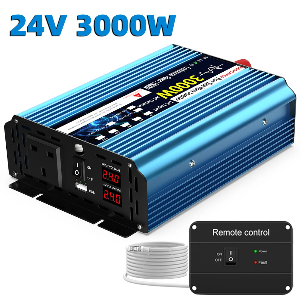 UK Pure Sine Wave Power Inverter 3000W DC 12V/24V To AC 240V Frequency Converter 50hz Solar car Inverter Transformer LED UK Plug