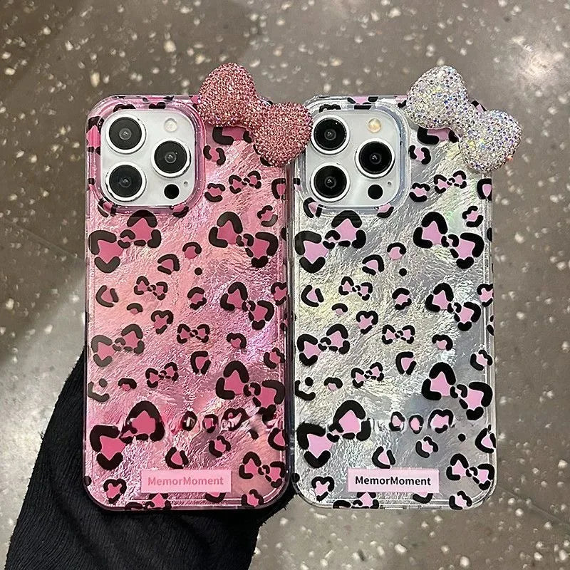 Sexy Leopard Diamond Bowknot Lustre Lining Phone Case for OPPO A18 A17 A16 A15 A38 A58 A78 A94 A74 A54 A57 A77 A53 A3X A40 A60