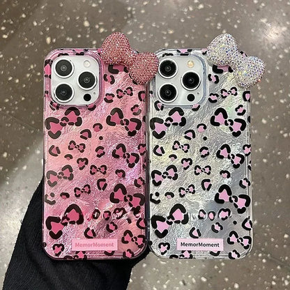 Sexy Leopard Diamond Bowknot Lustre Lining Phone Case for OPPO A18 A17 A16 A15 A38 A58 A78 A94 A74 A54 A57 A77 A53 A3X A40 A60